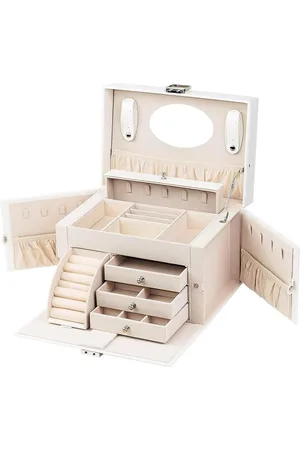 Merkloos Grote Lockable Jewellery Box met Spiegel voor Ringen Oorbellen Cadeaus - Wit