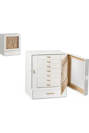 Merkloos Large Jewelry Box 8 Layers with Changhong Glass Front Display Window - Multiple Storage Compartments and Watch Organizers - PU Leather White