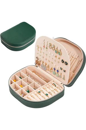 Merkloos Portable Shell Jewelry Case 2 Layer PU Leather Jewelry Organizer Earring Necklace Bracelet Ring Holder Box for Women Girl - Emerald Green