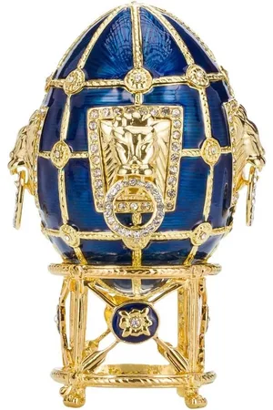 Merkloos Russian Faberge Style Egg Trinket Jewelry Box - Lions Blue 4.3"