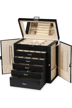 Merkloos Large Jewelry Box 6 Layer PU Leather Organizer with Lock - Multifunctional Storage Bag with Mirror - Accessories Holder with 5 Drawers for Earrings Necklace Bracelets Watches