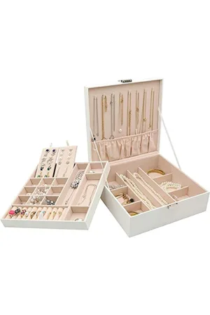 Merkloos Jewelry Box Organizer for Necklace Earrings Bracelets Rings Accessories - Large PU Leather Storage Case with Double Stackable Layer for Women Girls Ladies - White