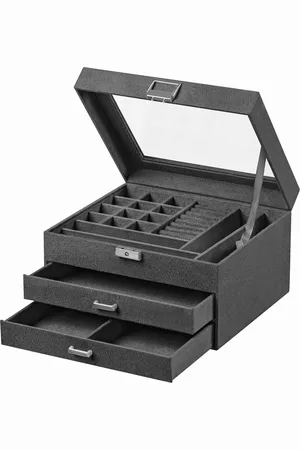 Merkloos Sieradendoos met 3 niveaus fluweel grijs - halskettingen armbanden ringen - slot en sleutel