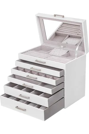 Merkloos Sieradendoos groot 6 niveaus met laden en spiegel - armbanden - oorbellen - halskettingen - ringen - horloges - zonnebrillen - kerstcadeau - wit