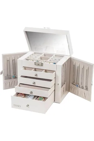Merkloos Girls Jewellery Box Large 5 Tier Jewelry Box with Side Hinged Doors Drawers Mirror - Rings Earrings Storage White
