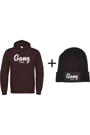 Merkloos Set wintersport hoodie zwart M + muts - Gang is alles - - soBAD. | Foute apres ski outfit | kleding | verkleedkleren | wintersport beanie | wintersporttruien | wintersport dames en heren