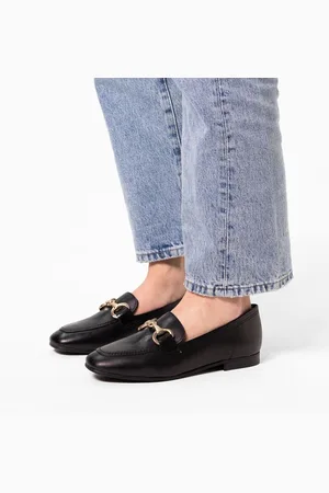 No Stress Dames - Zwarte leren loafers met goudkleurig detail - Maat 39