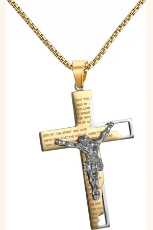 Fako Bijoux® Cubaans Kruis Jesus Voor Mannen - Ketting Met Kruis - Heren Ketting - Holy Cross - 38x59mm - 60cm - 2mm - Stainless Steel - RVS - Staal - Goudkleurig