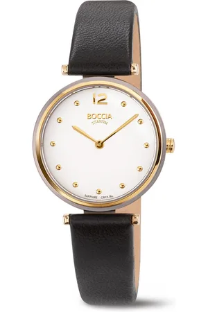 Boccia Titanium 3349-01 Dames Horloge - Saffierglas - Titanium/Leer - Zilverkleurig/Zwart - 30 mm breed - Quartz - Gesp - 5 ATM (douchen)