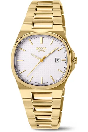Boccia Titanium 3348-02 Dames Horloge - Saffierglas - Goudkleurig - 31 mm breed - Quartz - Vouw/Vlindersluiting - 5 ATM (douchen)