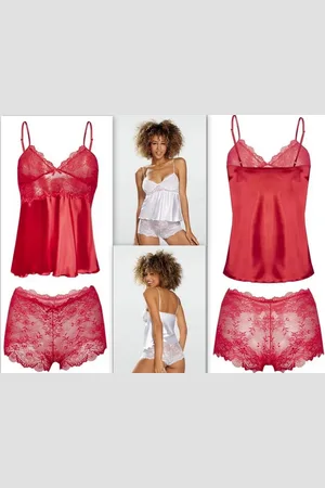 DKaren Satijnen shortama met doorzichtig kanten broekje -Verleidelijke kanten pyjama - Prachtige lingerie set - Nevada - L