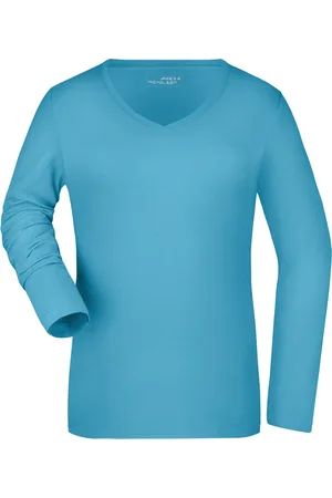 James & Nicholson Turquoise dames v-hals shirt lange mouw XL
