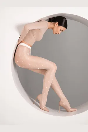 Giulia Panty - Insomnia20 - Stippen Panty - Strikjes Panty - Bruidspanty - Strikjes en stipjes op de Benen - 20 Den - Large - Crèmekleurig