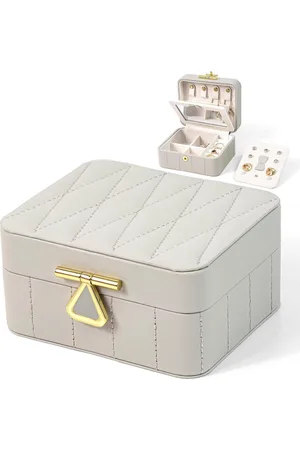 Merkloos Reisjuwelendoos organizer - gewatteerd leder - diamantpatroon - draagbare sieraden etui met spiegel - grijs