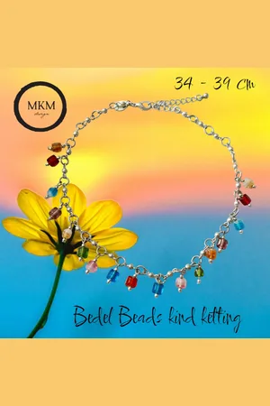 Fashion Jewelry MKM design – Vrolijke fantasie ketting met bead bedels – Multi Colour – Mat Zilver Tone – 34/40 cm - Kinderen Jeugd - Unisex - Casual