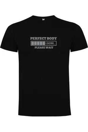 Merkloos Zwart T-Shirt met “Perfect body Loading... Please Wait“ Afbeelding Zilver Maat 4XL
