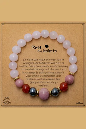 Bixorp Rozenkwarts + Carneool + Hematiet + Rhodoniet Armband op Cadeau Kaartje - Rust en Kalmte - 8mm / 18cm Edelsteen Kralenarmband - Inclusief Cadeau Envelop