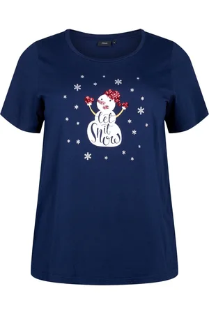 Zizzi VCHRISTMAS, S/S, STRAIGHT TEE Dames T-shirt - Blue - Maat M (46-48)
