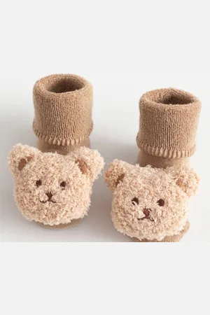 Merkloos Baby sokken/sloffen 2x met beer kleur antislip 0-1 jaar