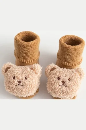 Merkloos Baby sokken/sloffen 2x met beer Karamel antislip 0-1 jaar