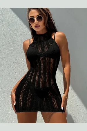 Merkloos Mouwloze Effen Cover-Up Strandkleding Mini-Jurk Dames - Sexy Gehaakt Gebreid Hol Ontwerp | One Size S/L | LekkerStout | ( LS022 )