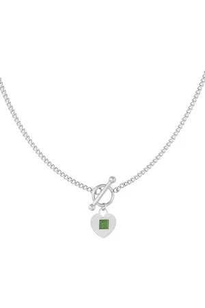 Yehwang Ketting ronde sluiting en groen hart detail - kleur Stainless Steel