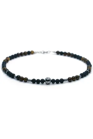 IBIZA MEN MENS JEWELLERY IbizaMen - Heren - ketting - voetbal - RVS - Onyx - tijgeroog - 6mm - 50cm