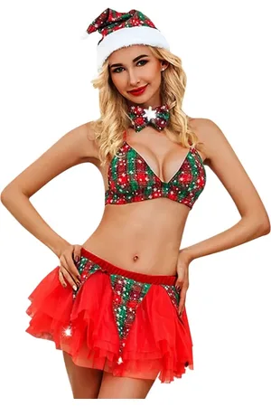 Merkloos Kerst Setje Dames - Sexy Kerst Elfje - 4 Delig met Topje, Rok, Muts en Strikje - Groen - Kerst Lingerie - Erotische Kerst Outfit - Kerstvrouw - Kant - Maat S