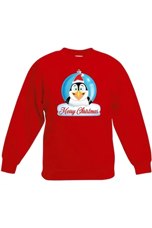 Bellatio Decorations Kersttrui Merry Christmas pinguin kerstbal jongens en meisjes - Kerstruien kind 122/128