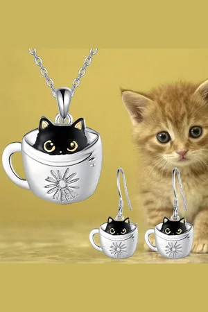 Fashion Jewelry Set schattige zwart katje in beker - Oorbellen & Collier