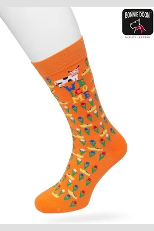 Bonnie Doon Heren Sokken met Klompen Print maat 40/46 - Thema Sokken - Nederland - Holland - Souvenir - Cadeau Sokken - Word je Happy en vrolijk van - Zacht Katoen met Gladde Teennaad - Perfect Cadeau - Celosia Orange - BT992129.172