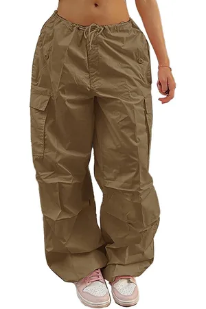 Merkloos Lage Taille Cargobroek Dames - Vrijetijdsbroek Joggingbroek Wandelbroek - Sportieve Training Trekkingbroek - Baggy Broek met Meerdere Zakken - Streetwear (L-khaki)