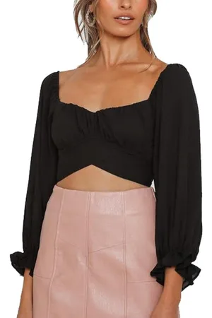 Merkloos Crop Top Off Shoulder Ruche Wrap Met Lange Mouwen - Vrouwen Pofmouwen Blouse Tie Back Shirt - Party Leisure