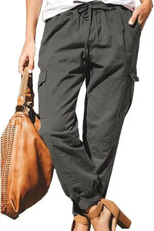 Merkloos Cargo Broek Multi Zakken Elastische Taille Effen Casual Broek - Dames Loose Fit Yoga Broek Jogging Broek Sport Broek - Werkkleding Wandelbroek Outdoor Broek Trekking - Grijs