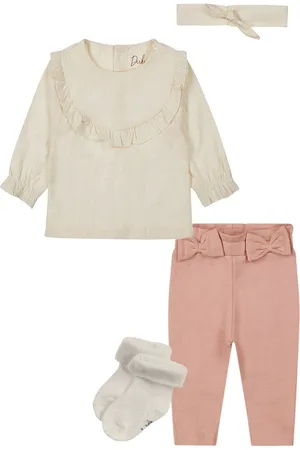 Dirkje Basic Collection - BIO COTTON - Broek met 2 strikjes light pink- Blouse offwhite - Haarband - 1 paar Noppies sokjes - Maat 80