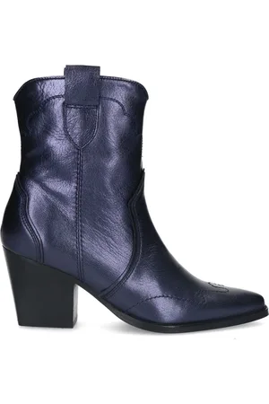 Manfield Dames - Blauwe metallic leren cowboy laarzen - Maat 36