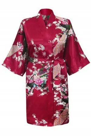 KIMU ® Kimono Kort - Maat S-M - Yukata Satijn Boven de Knie - Korte Donkerrode Ochtendjas Japanse Kamerjas Sexy Satijnen Badjas Geisha Festival