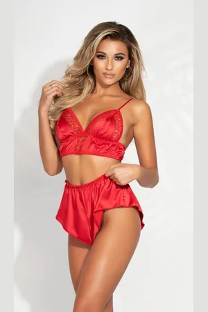 Seven til Midnight Two piece satin and lace long line bralette and tap short set Maat L
