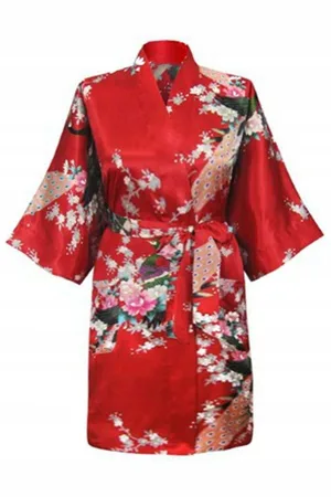 KIMU ® Kimono Kort - Maat L-XL - Yukata Satijn Boven de Knie - Korte Rode Ochtendjas Japanse Kamerjas Sexy Satijnen Badjas Geisha Vogels Dames Festival
