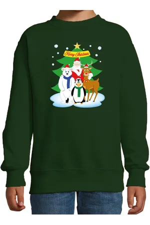 Bellatio Decorations Groene kersttrui met de kerstman en zijn dieren vriendjes voor jongens en meisjes - Kerstruien kind 134/146
