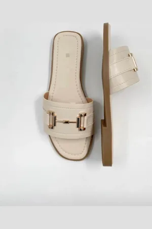 Merkloos Dames Slippers – slippers voor alledaags- Elegante Instappers- slides – Comfortabele Platte Sandalen met Gouden Detail en Anti-slip Zool- maat 38- dames slippers- zomer slippers