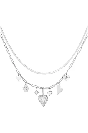 Yehwang Skylar & Jade | Love & Luck Ketting - Bedelketting - Zilverkleurig & Waterproof – Roestvrij Staal – Hypoallergeen – Verkleurt Niet – Valentijn Cadeau voor Haar - Romantisch - Hartjes - Klavertje vier