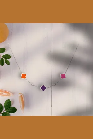 Yehwang Collier 3 trèfles et petites boules Lilas Acier inoxydable