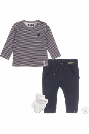 Dirkje Bio Basic SET(3delig) Blauwe broek, Shirt gestreept met 1 paar sokjes - Maat 56