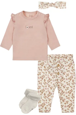 Dirkje Basic Collection - BIO COTTON - Broek met bloemetjes Offwhite - Shirt Light Dusty Pink - haarbandje - 1 paar noppies sokjes - Maat 86