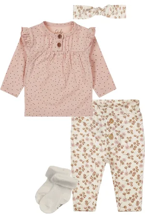 Dirkje Basic Collection - BIO COTTON - Broek met bloemetjes Offwhite - Shirt Light Dusty Pink met stipjes - Haarbandje - 1 paar Noppies sokjes - Maat 80