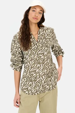 Camel Active Blouse met lange mouwen en all-over print - Maat womenswear-XL - Olijf Beige