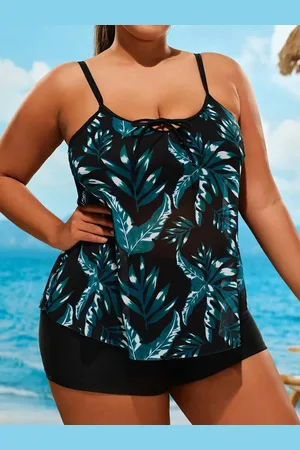 Merkloos Sexy Tankini set voor dames- Badpak dames- Grote Maten Tropische Mesh-strikt aan de Voorkant Met Ronde Hals, Cami-top en Shorts- 2-delige Set 166- - Maat 4XL