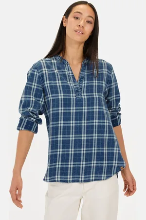 Camel Active Instapblouse gemaakt van puur katoen - Maat womenswear-XXL - Ruit Blauw