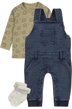Dirkje Basic Collection - BIO COTTON - Tuinbroek - Shirt Mosgroen met leeuwtjes - 1 paar Noppies sokjes - Maat 80